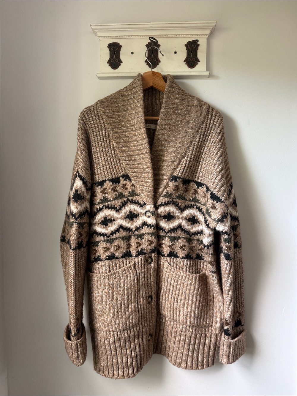 Beige Shawl Collar Patterned Knit Cardigan